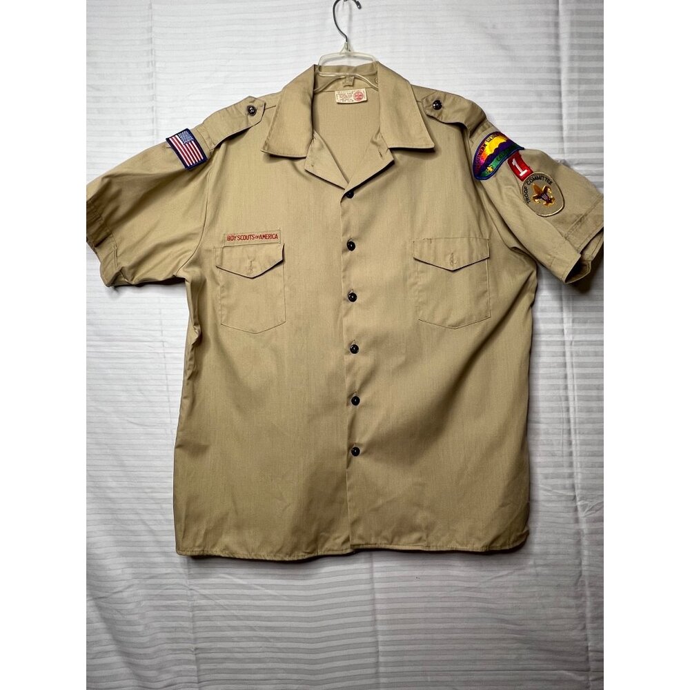VTG Boy Scouts Of America Men X 1980 Khaki Uniform Shirt Patches Troop Committee
